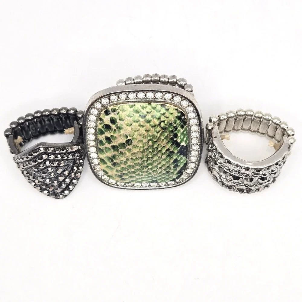 Paparazzi‎ Stretch Rings Set 3 Silver Gunmetal Green Snakeskin Rhinestone